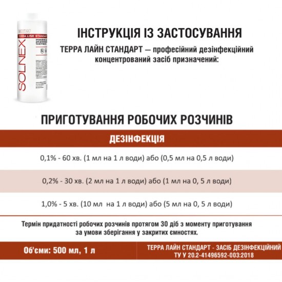 Концентрированное профессиональное средство для быстрой дезинфекции поверхностей и инструментов, SOLNEX TERRA LINE STANDART 500 мл