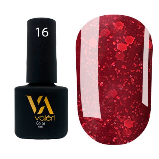 Valeri № 16 color, 6 ml, бордовый с красными блестками разного размера